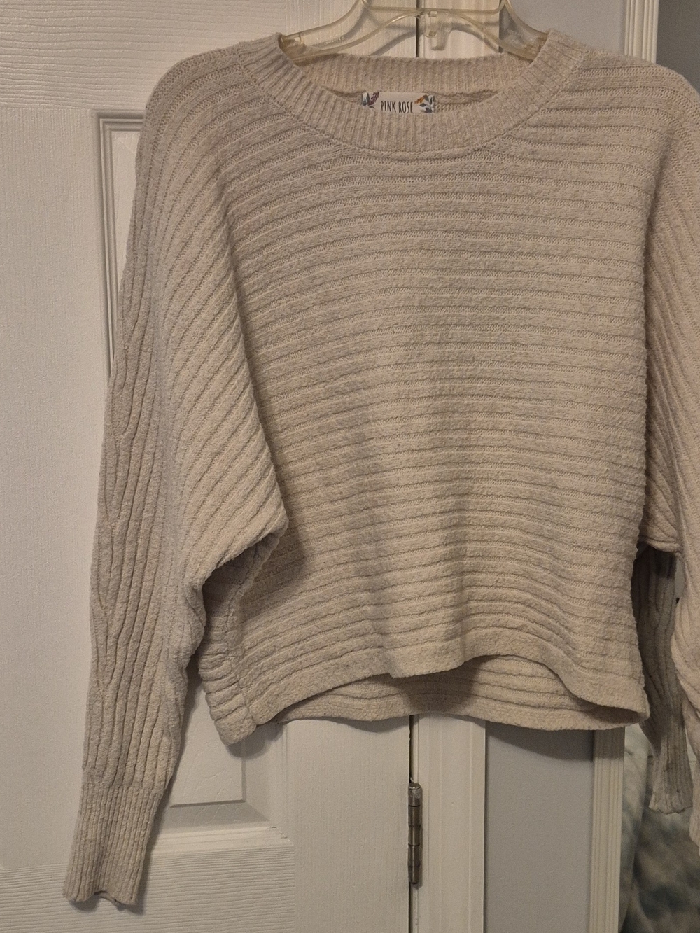 Pink Rose Soft Cream Ribbed Crewneck Sweater